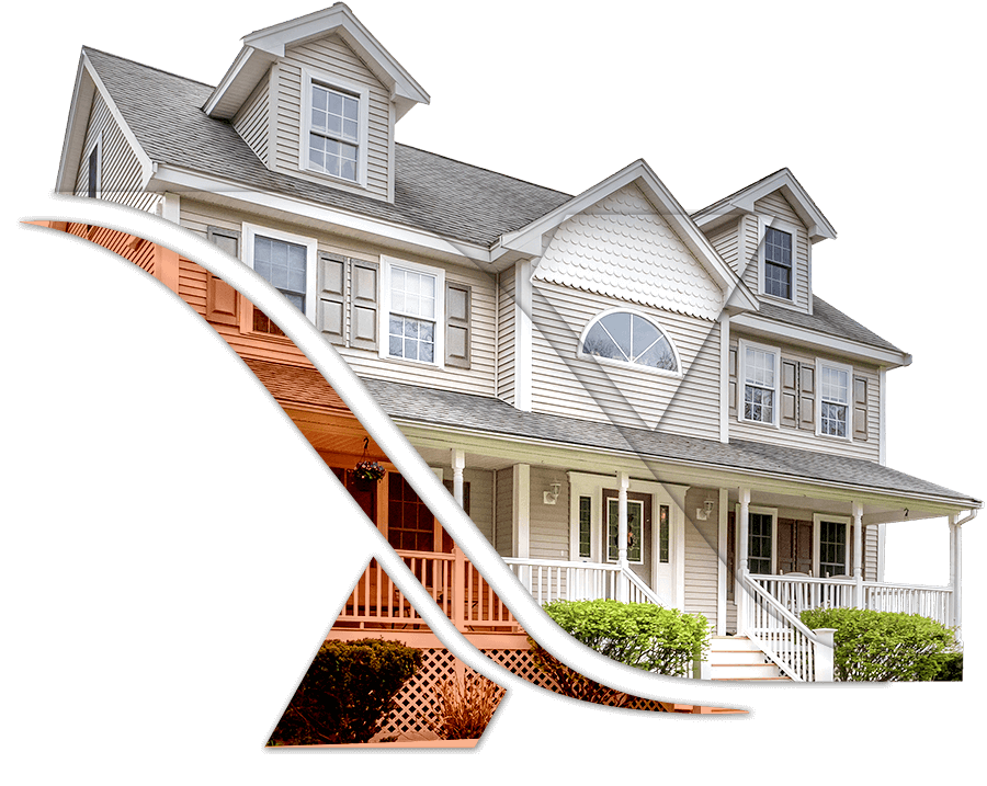 “A two-story house with a grey exterior and white trims, partially concealed by a large, white, curved line, symbolizing the transformative potential of XTEND Contracting’s remodeling services.